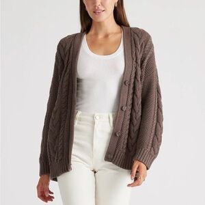 Quince Chunky Cable Knit Button-Front Cardigan - heather brown